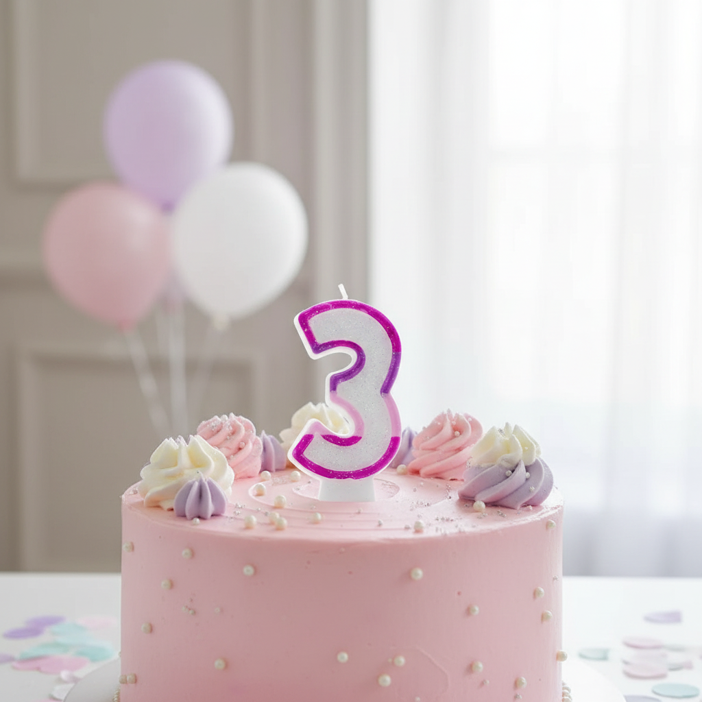 Pink glitter number 3 birthday candle on decorated birthday cake with natural window light and soft confetti background