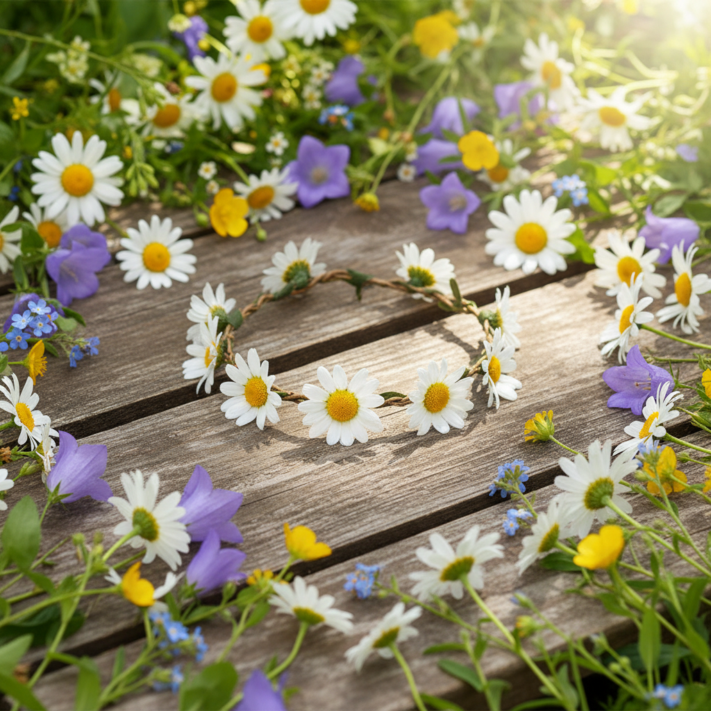 Daisy hairband resting on wooden surface surrounded by fresh daisies and wildflowers in a sunny garden