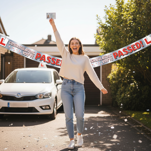 Happy young woman celebrating passing driving test with congratulations banner displayed behind her