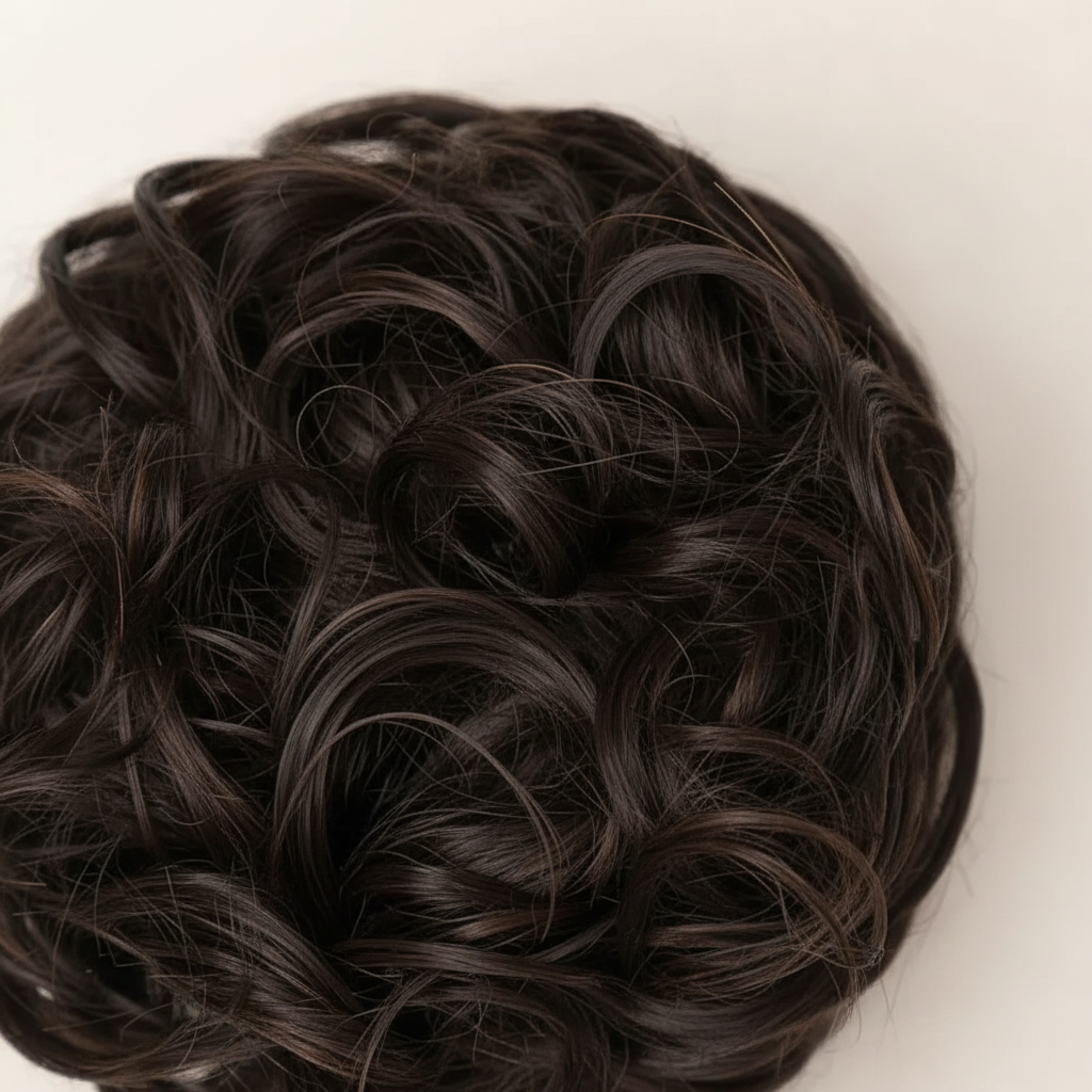 Extreme macro close-up of dark brown curly hair bun 2 Nigella showing individual curl texture, warm espresso mocha undertones and strand craftsmanship