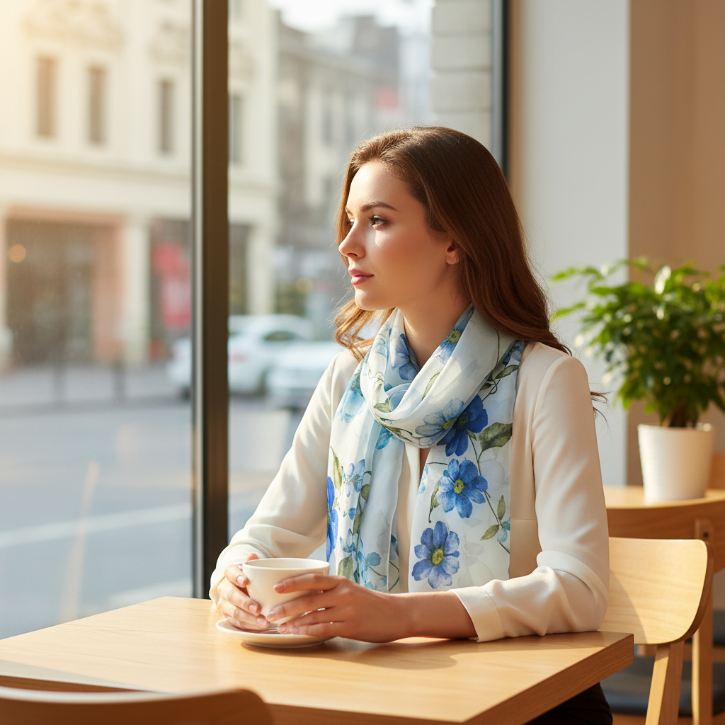 Woman in a bright airy café wearing a light blue chiffon scarf with blue floral print, gazing out the window with a cup of tea