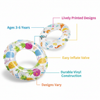 Intex inflatable swim ring infographic showing key features: ages 3-6, lively printed designs, easy inflate valve, durable vinyl