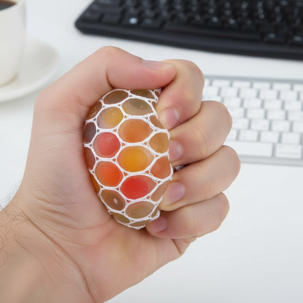 Adult hand squeezing mesh net bead stress ball at office desk for stress relief