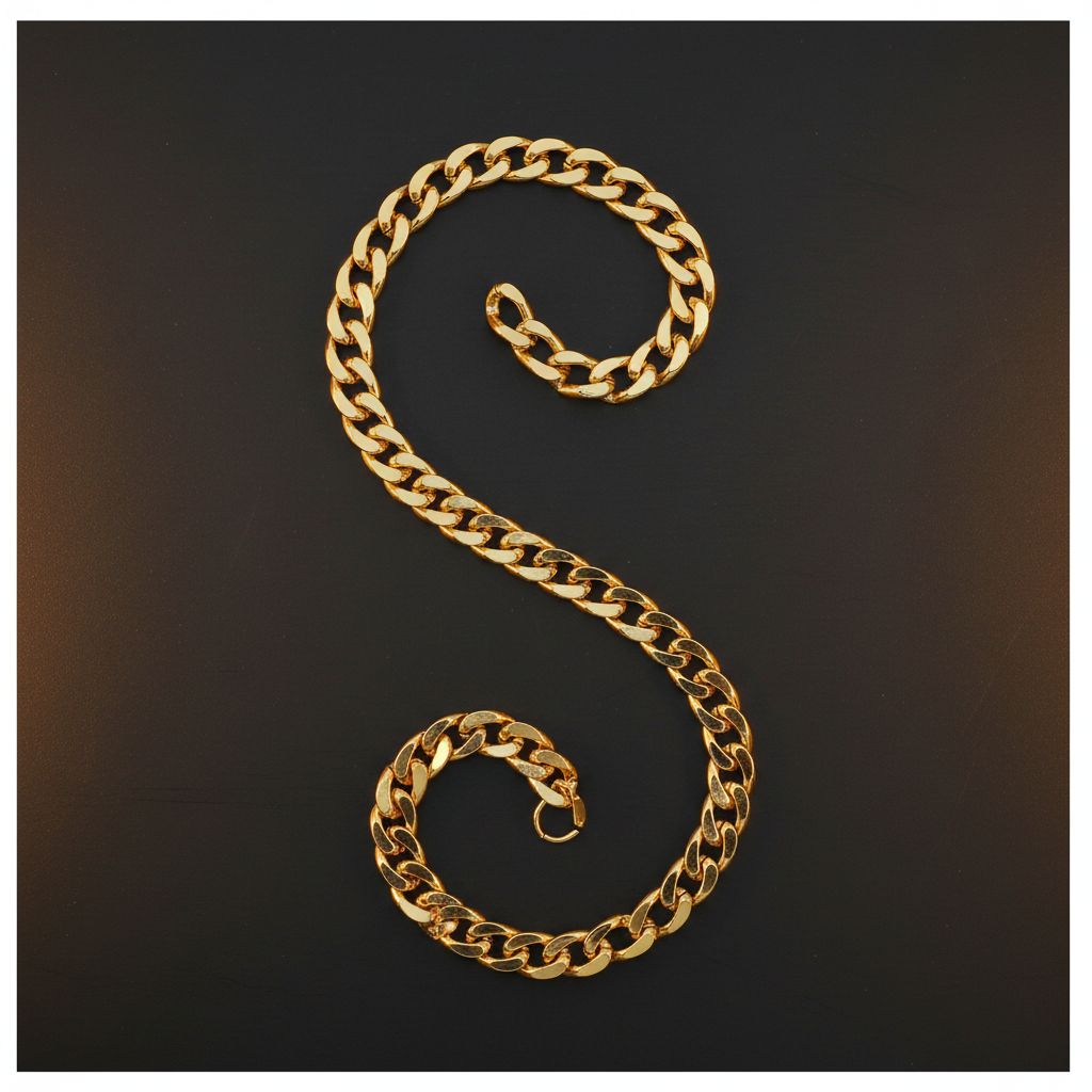 Gold chunky gangster chains 81cm product shot on elegant dark background with gold accent lighting