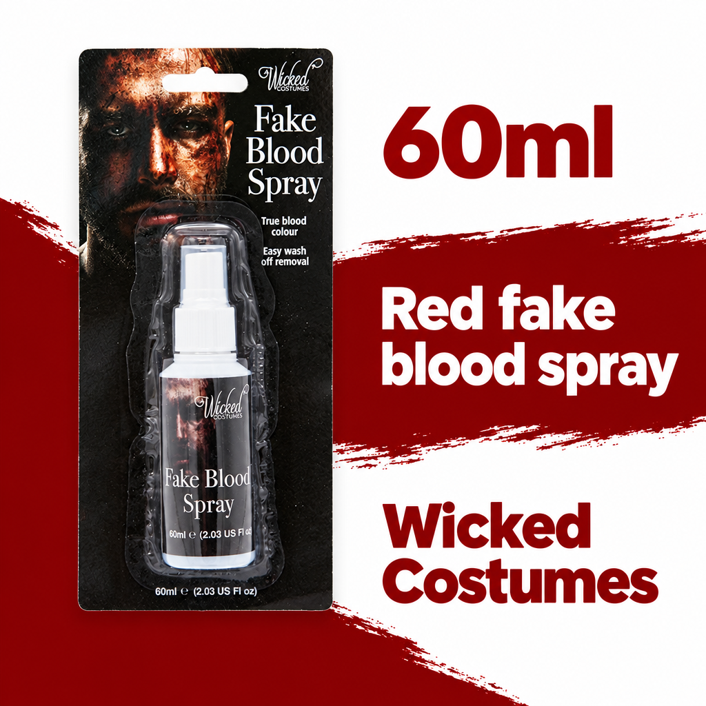 Wicked Costumes Fake Blood Spray blister pack beside infographic text reading 60ml, red fake blood spray and Wicked Costumes.