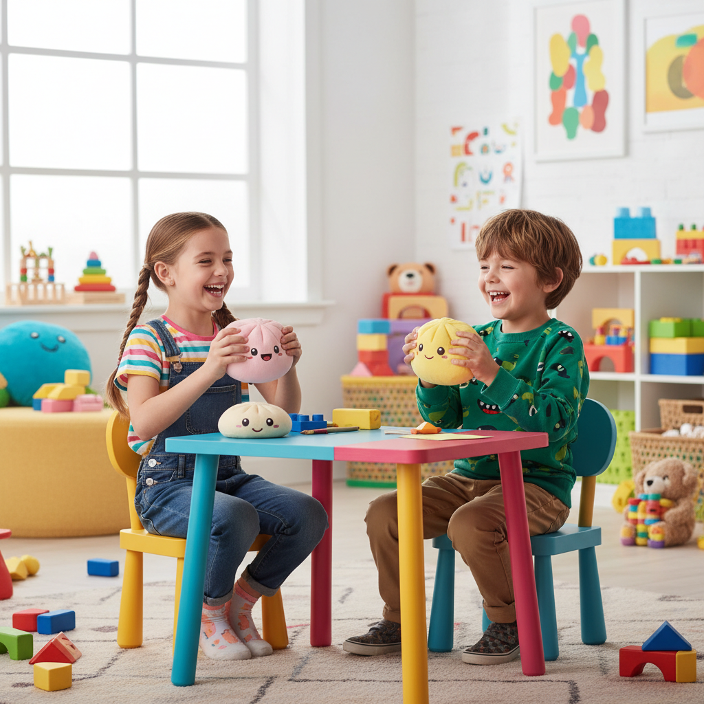 Two children playing with Squishy Dumpling Toys together at a table