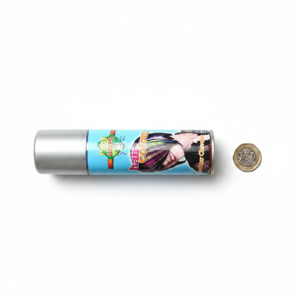 Party Success Silver Hair Colour Spray 125ml beside a British pound coin to show product size and scale