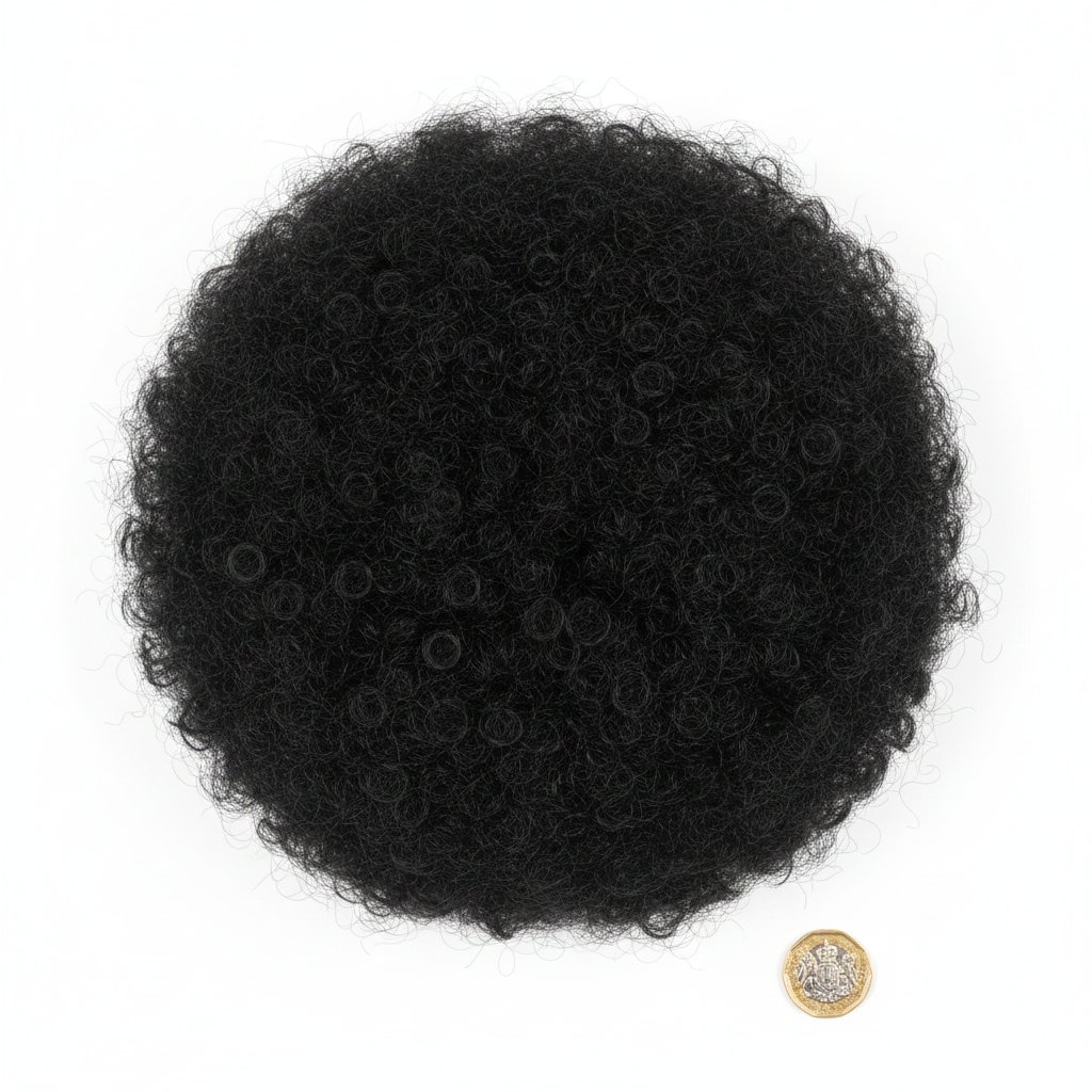 Giant Black Afro Wig placed beside a £1 coin on white background to show scale and size