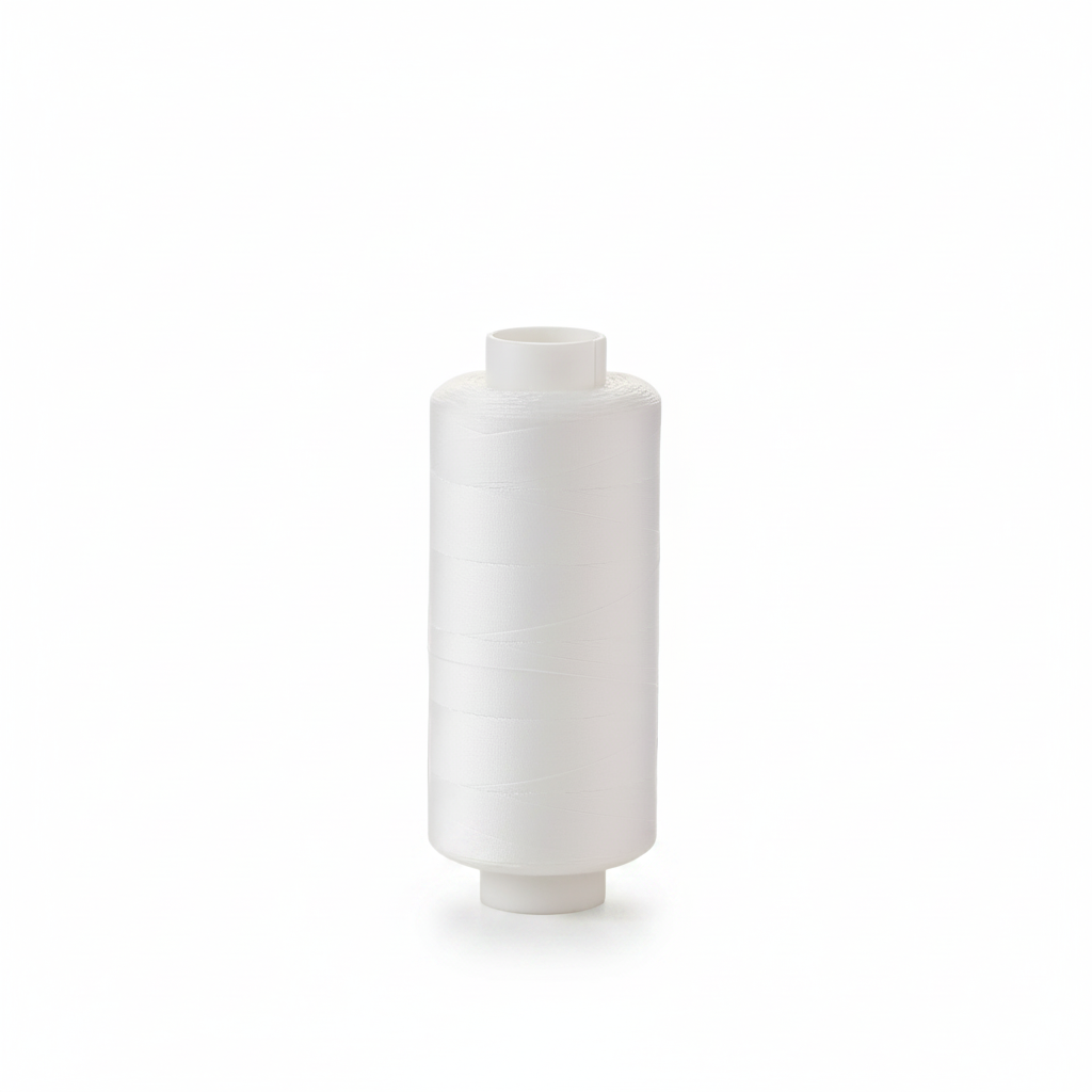 White cotton sewing thread reel on pure white studio background — 500 yards, 100% cotton, Amazon main image standard