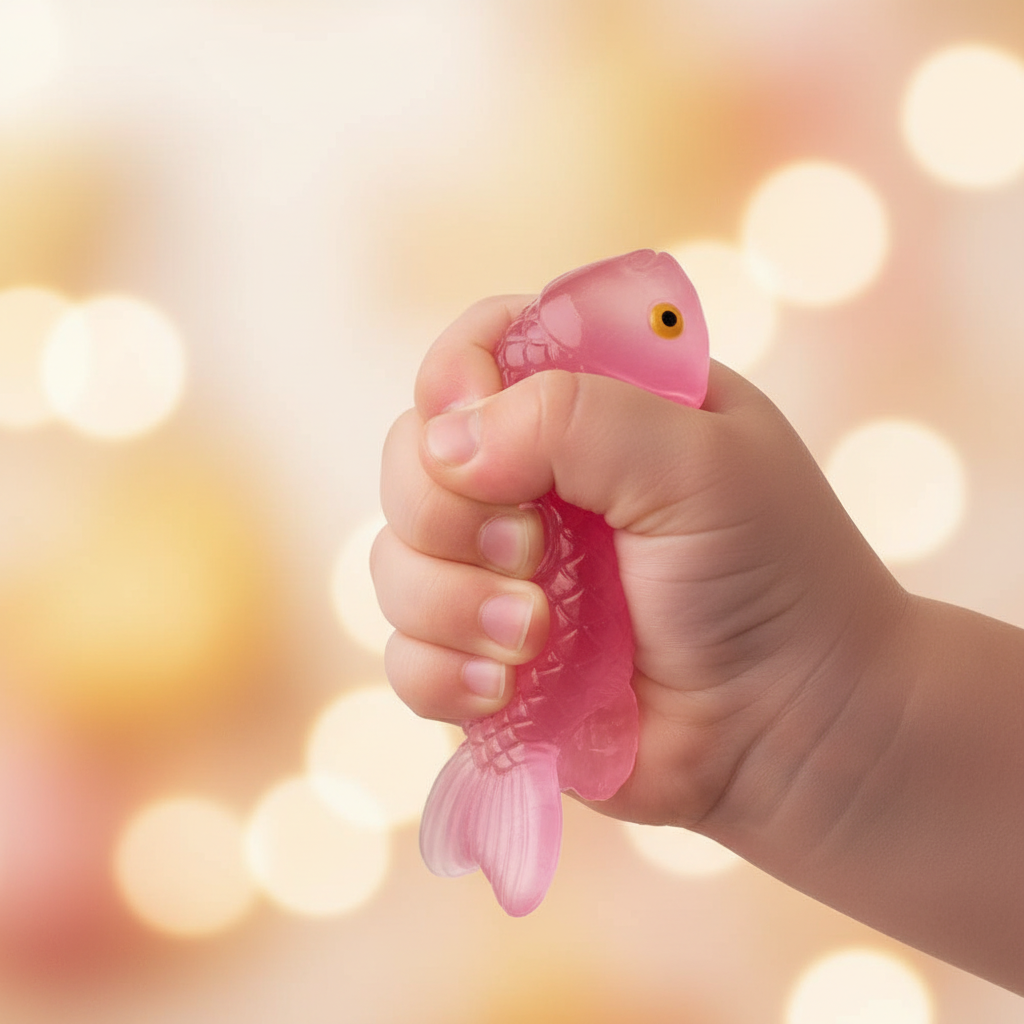Child's hand squeezing a pink squishy sticky fish toy showing its soft squeezy gel texture
