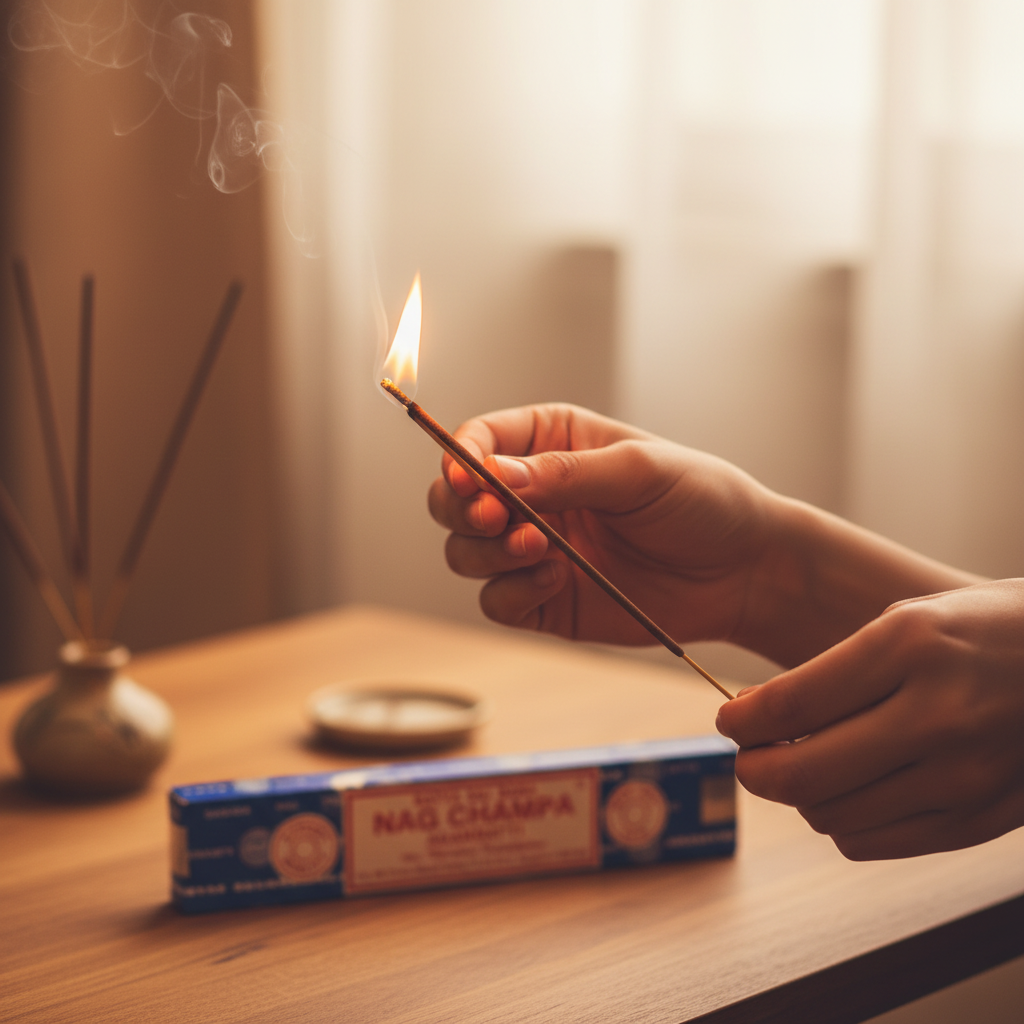 Person's hands lighting a Satya Sai Baba Nag Champa incense stick, cobalt blue box softly blurred in background, warm candid lifestyle photography