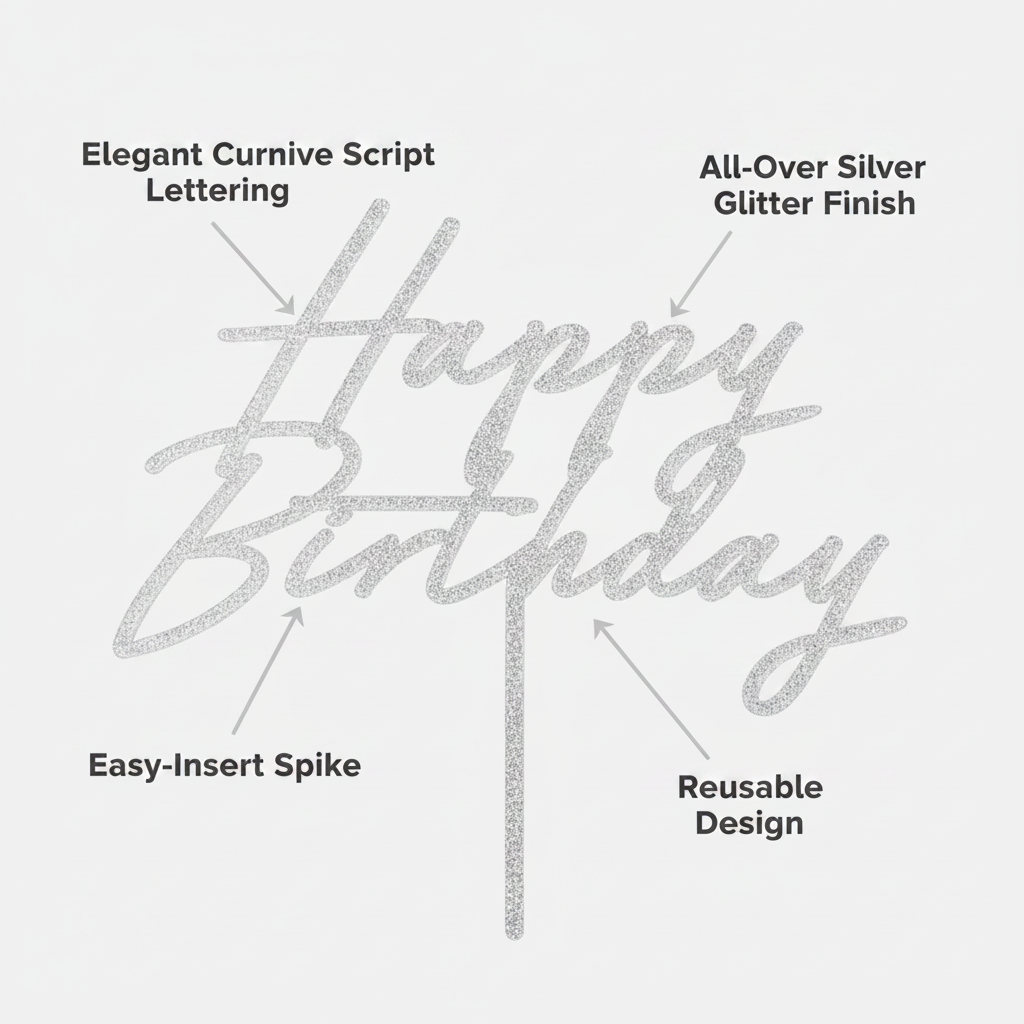 Silver glitter Happy Birthday cake topper feature infographic with callouts for all-over silver glitter finish, cursive script design, easy-insert spike and reusable construction