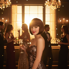 Woman wearing sleek rich brown bob wig at a golden hour glamorous evening party — bold diva aspirational lifestyle