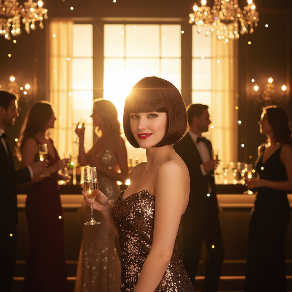 Woman wearing sleek rich brown bob wig at a golden hour glamorous evening party — bold diva aspirational lifestyle