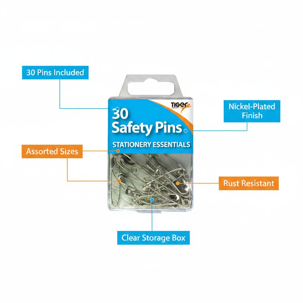 Tiger Stationery 30 Safety Pins feature infographic with callout labels highlighting key features and pack contents