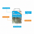 Tiger Stationery 30 Safety Pins feature infographic with callout labels highlighting key features and pack contents