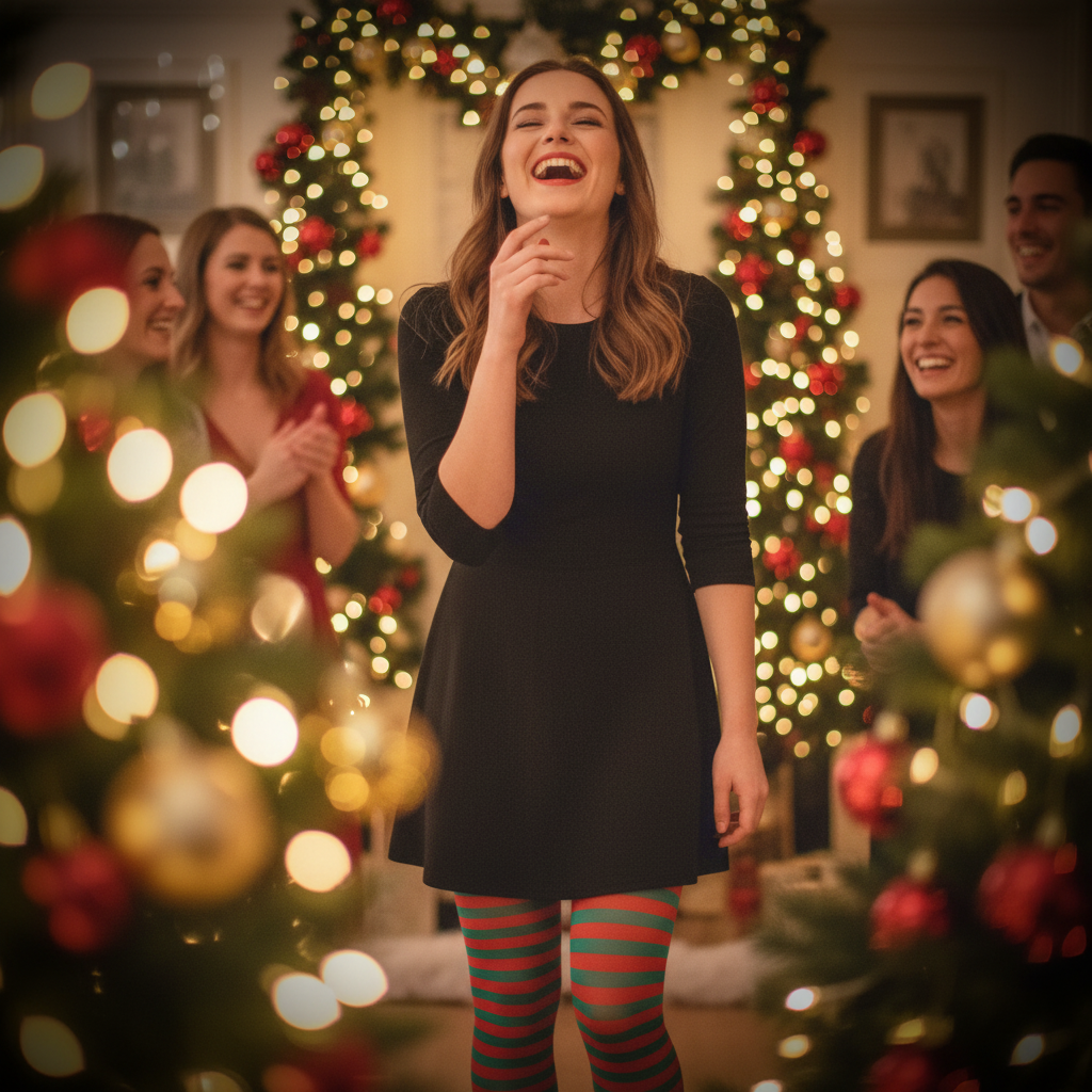 Woman wearing red and green striped tights laughing at a festive Christmas party, warm golden hour lighting