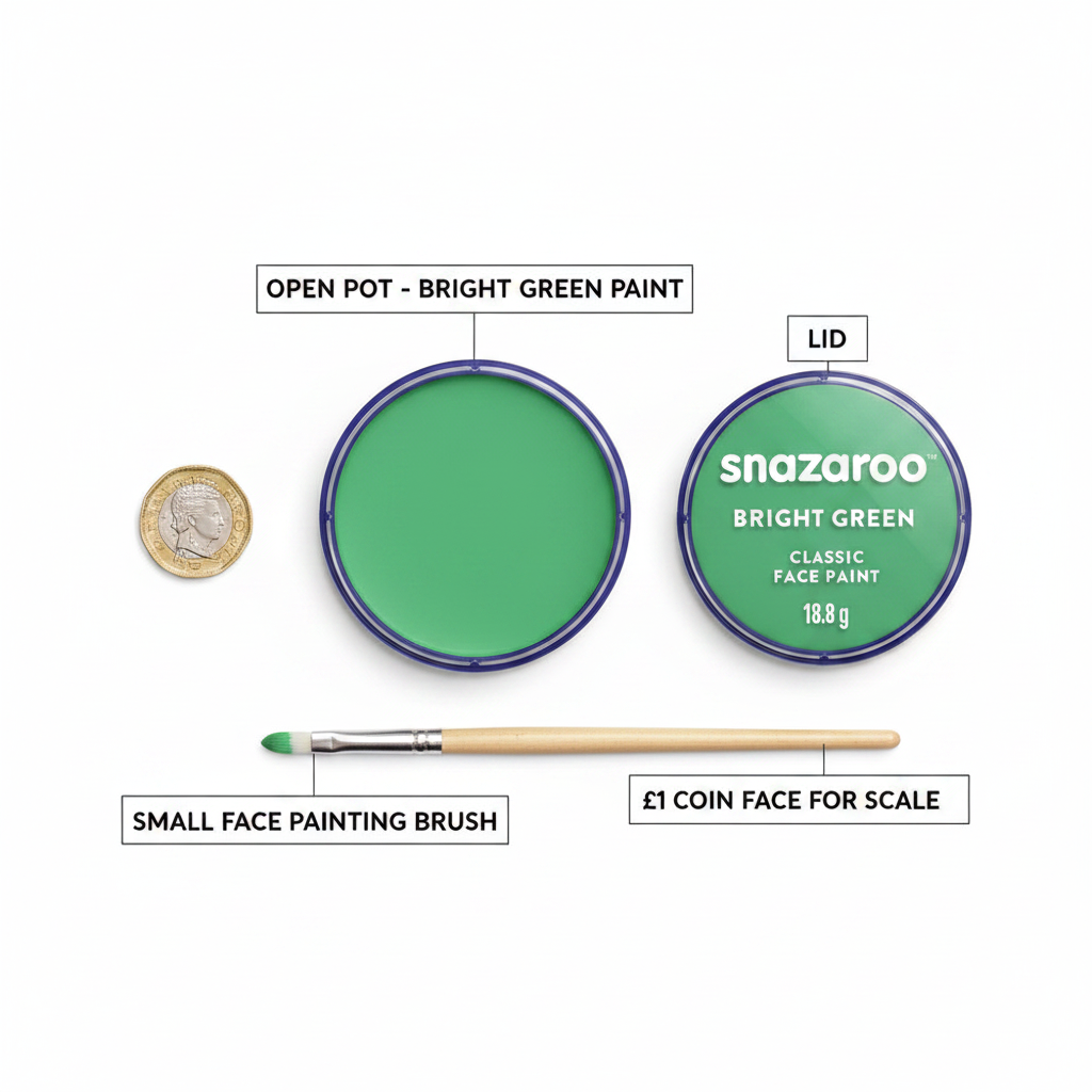 Snazaroo Bright Green Face Paint 18ml flat lay showing open pot, lid, brush and coin for scale on white background