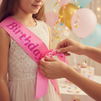 Close-up of Pink Birthday Girl Satin Sash being tied, showing vibrant pink satin fabric and bold lettering