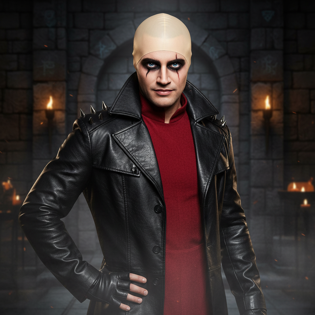 Man wearing fully applied warm beige latex bald cap as part of convincing Halloween villain costume, realistic bald transformation