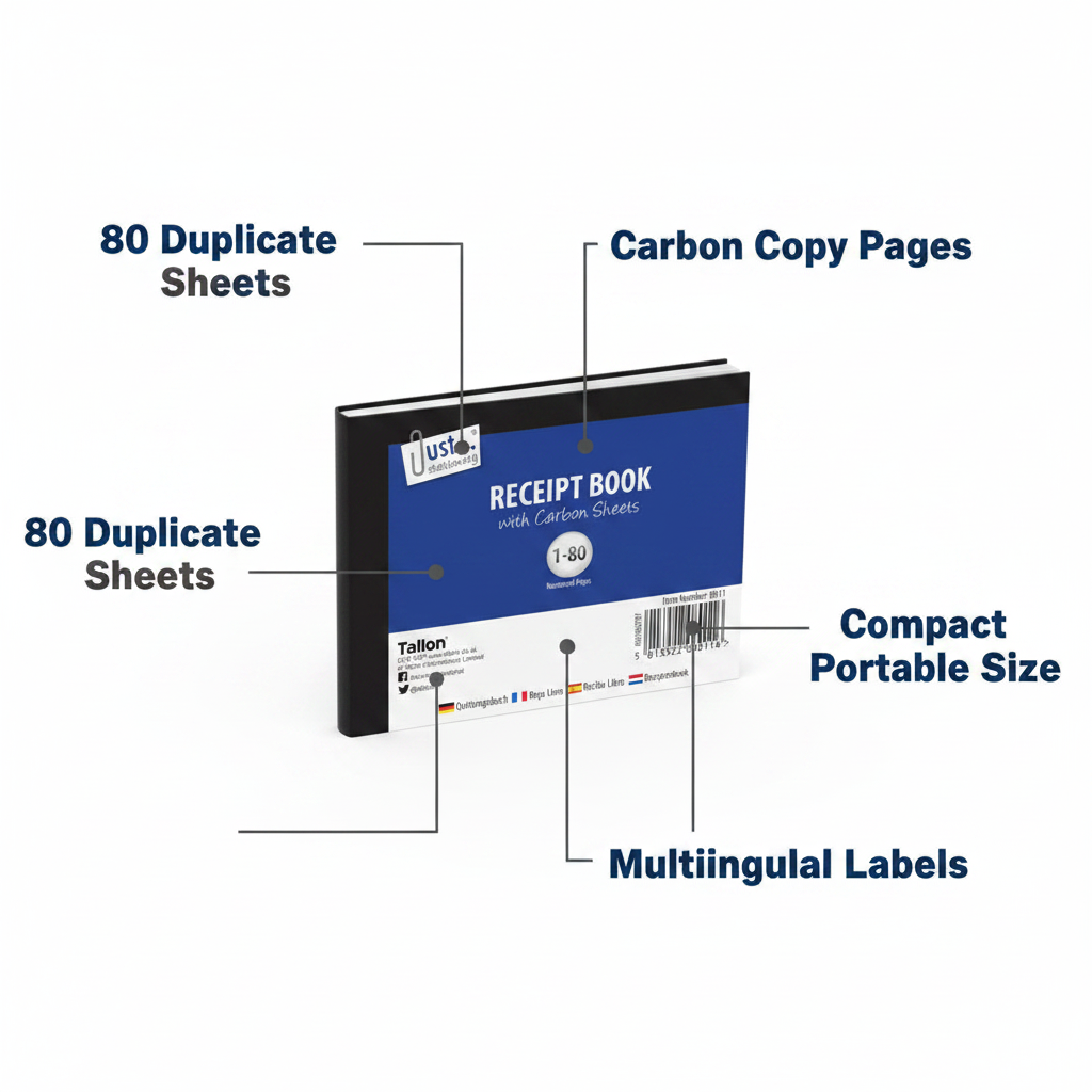 Just Stationery Receipt Book 80 Sheets feature infographic showing duplicate sheets, carbon copy pages, numbered pages and compact size