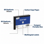 Just Stationery Receipt Book 80 Sheets feature infographic showing duplicate sheets, carbon copy pages, numbered pages and compact size