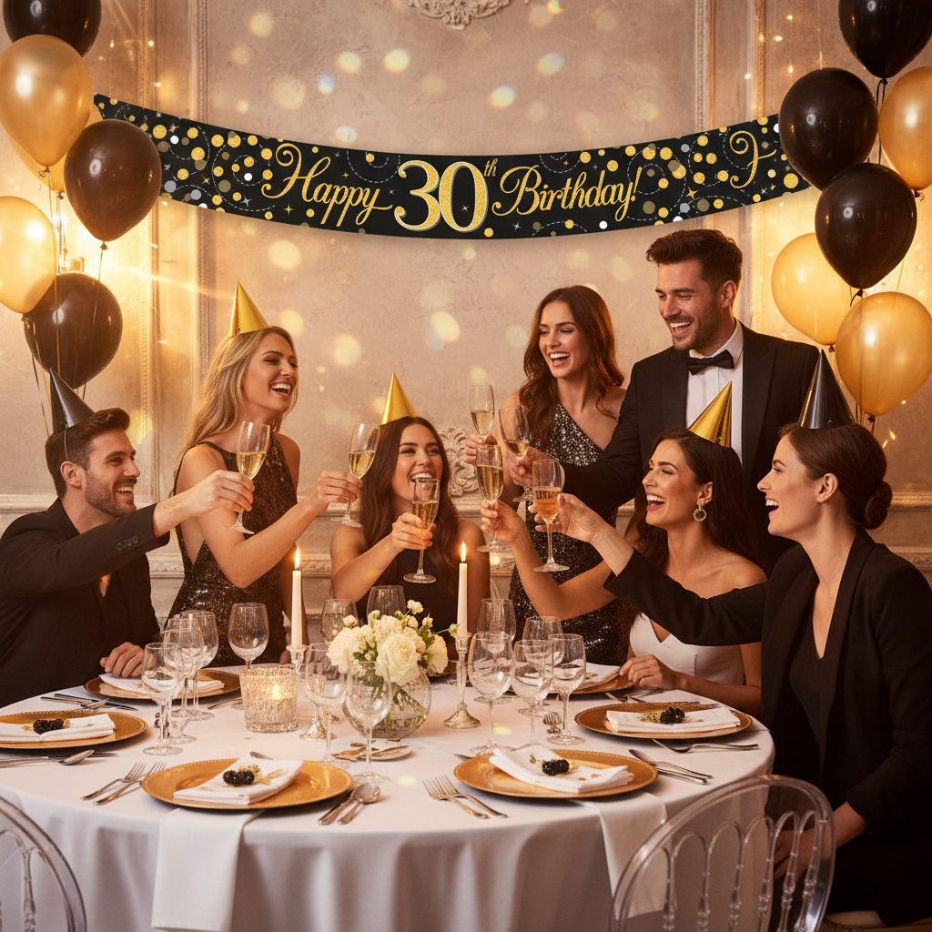 Friends celebrating 30th birthday party with Sparkling Fizz black and gold banner