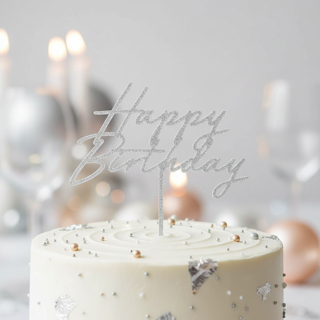 Silver glitter acrylic Happy Birthday cake topper inserted into a decorated birthday cake in an elegant silver and white celebration setting