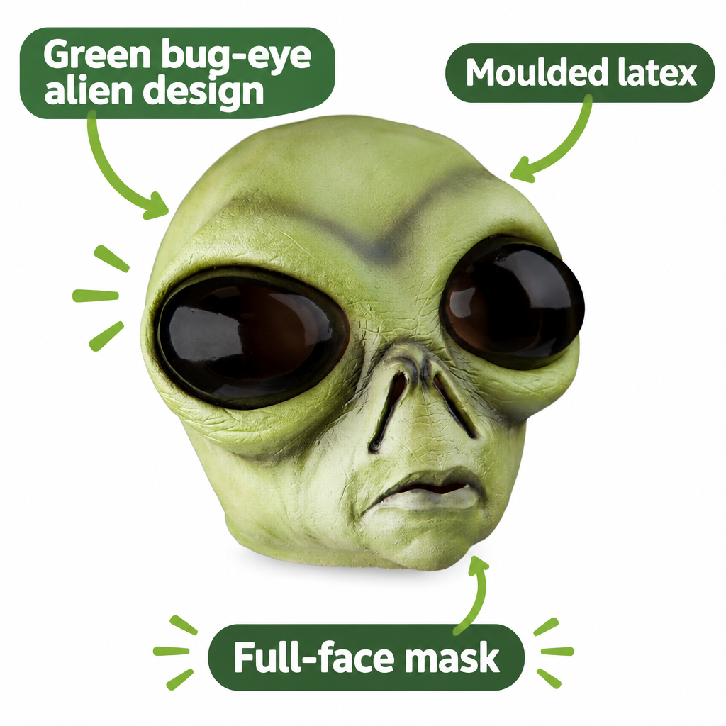 Green bug-eye alien latex mask with callouts for design, material and full-face style
