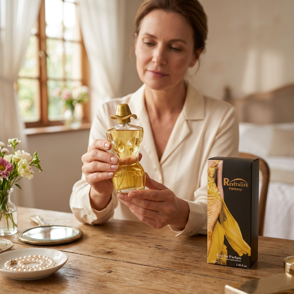 Woman in a cream blouse holding the capped Revitalise Fantasy perfume bottle with its box on the dressing table.