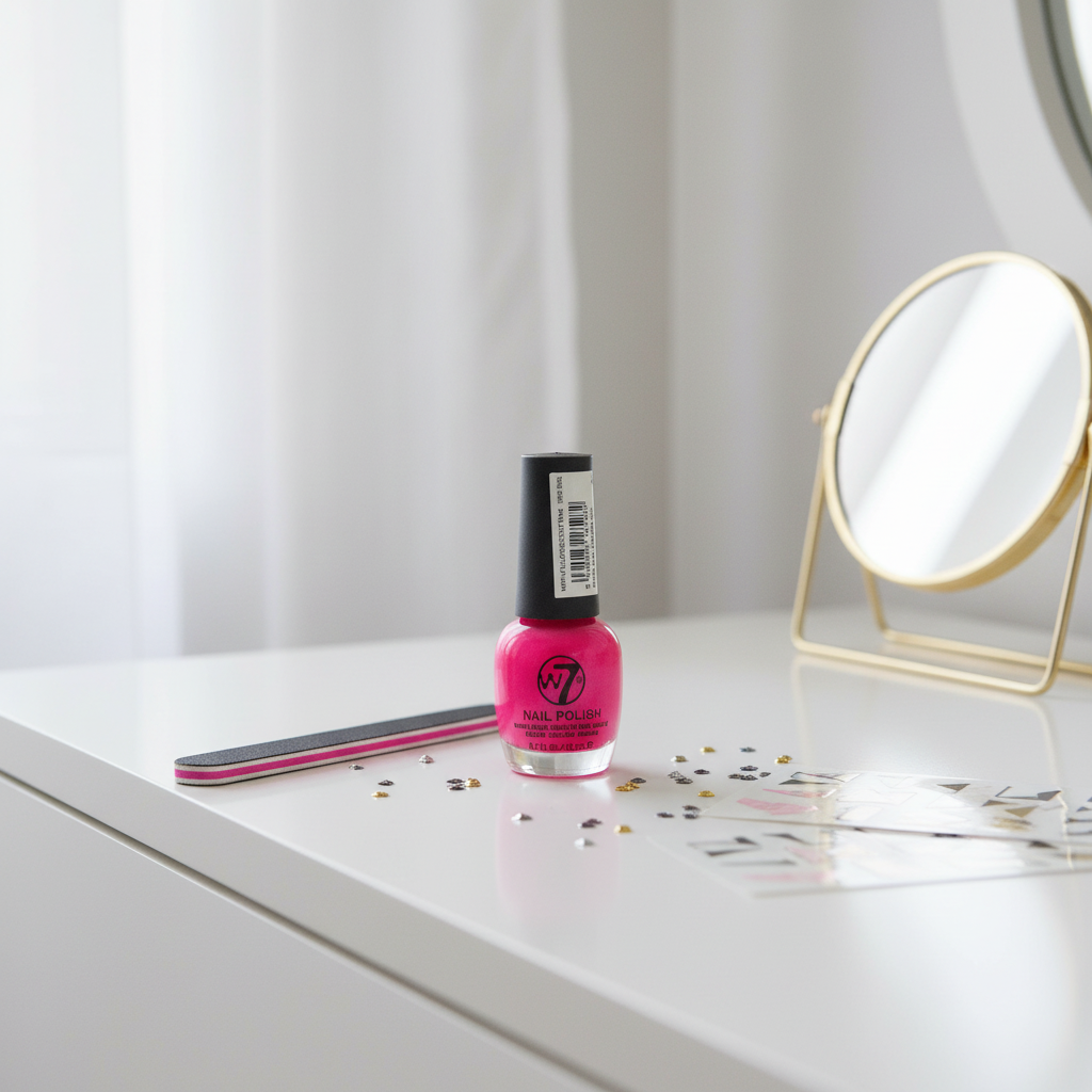 W7 Fluorescent Pink Nail Polish 15ml on vanity with nail file and accessories, natural window light editorial beauty styling