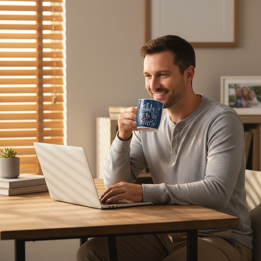 Dad smiling at his home office desk sipping from Best Daddy In The Universe ceramic mug