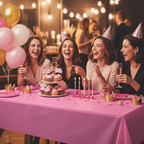 Hot pink party tablecover on a decorated birthday party table with balloons and cupcakes