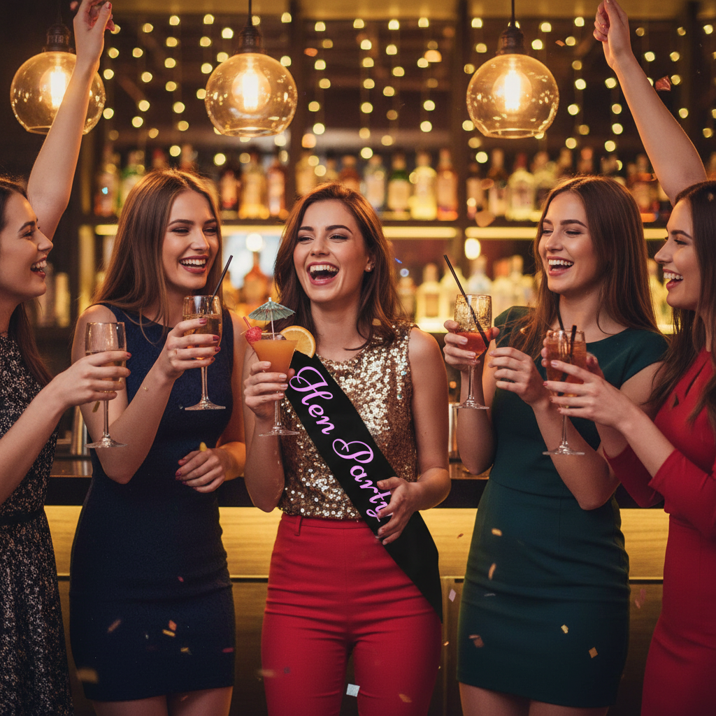 Bride-to-be wearing black hen party sash with pink writing celebrating with friends at a bar