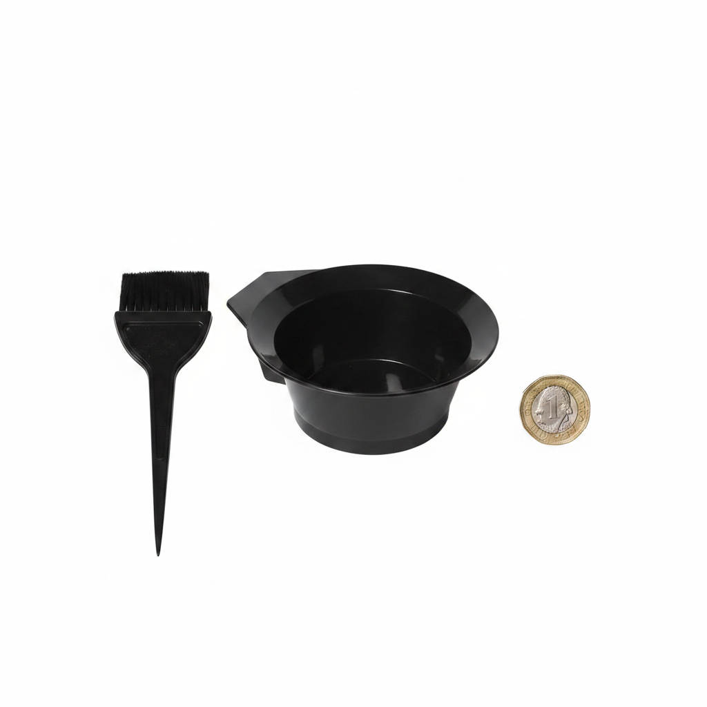 Black Hair Dye Brush And Bowl Set Flat Lay with £1 Coin for Scale on White Background