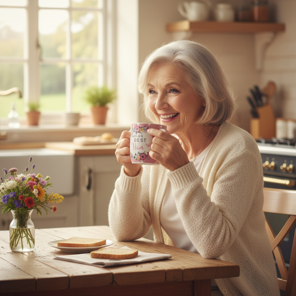 Happy grandmother drinking tea from World's Best Nan mug in a cosy kitchen