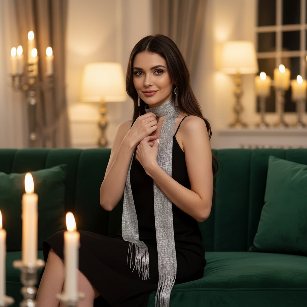 Elegant woman wrapping metallic silver fringe scarf in a luxurious candlelit home interior