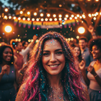 Woman with stunning rainbow glitter hair showing the beautiful result of Party Success Glitter Hair Spray