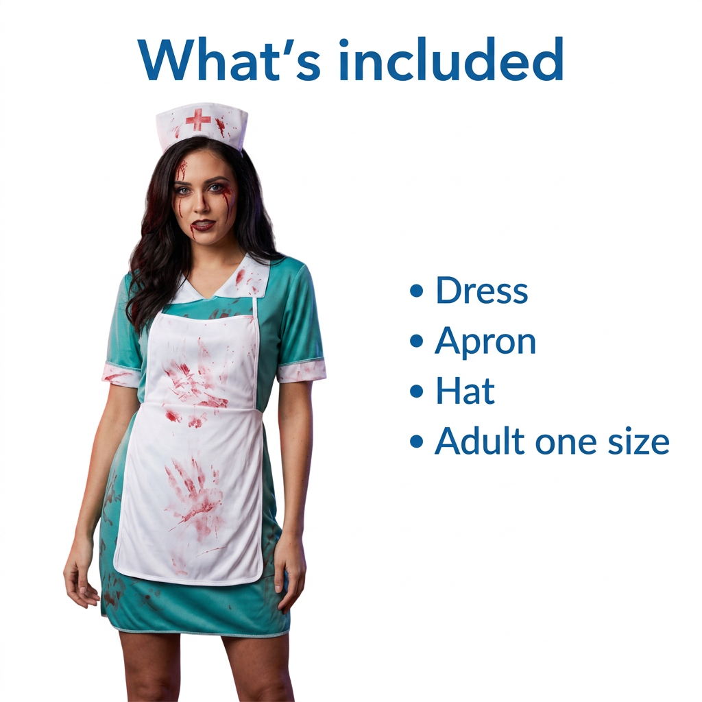 An adult model wearing a nurse costume with a teal dress, white apron with red blood splatter, and a white nurse hat with a red cross. The image includes the text 'What's included' and a bulleted list reading 'Dress', 'Apron', 'Hat', and 'Adult one size' on a white background.