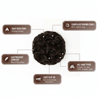 Premium feature infographic for chocolate brown curly messy hair bun 4 Chocolate Dahlia showing key features: heat resistant, chocolate brown curls, lightweight, easy clip-in, all hair types