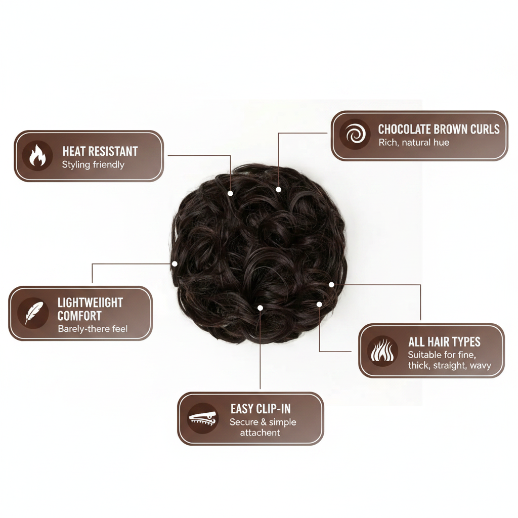 Premium feature infographic for chocolate brown curly messy hair bun 4 Chocolate Dahlia showing key features: heat resistant, chocolate brown curls, lightweight, easy clip-in, all hair types