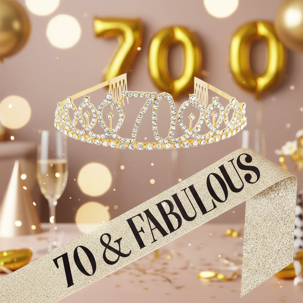 70th Birthday Sash & Diamante Tiara Set Gold - Premium product shot with celebration background