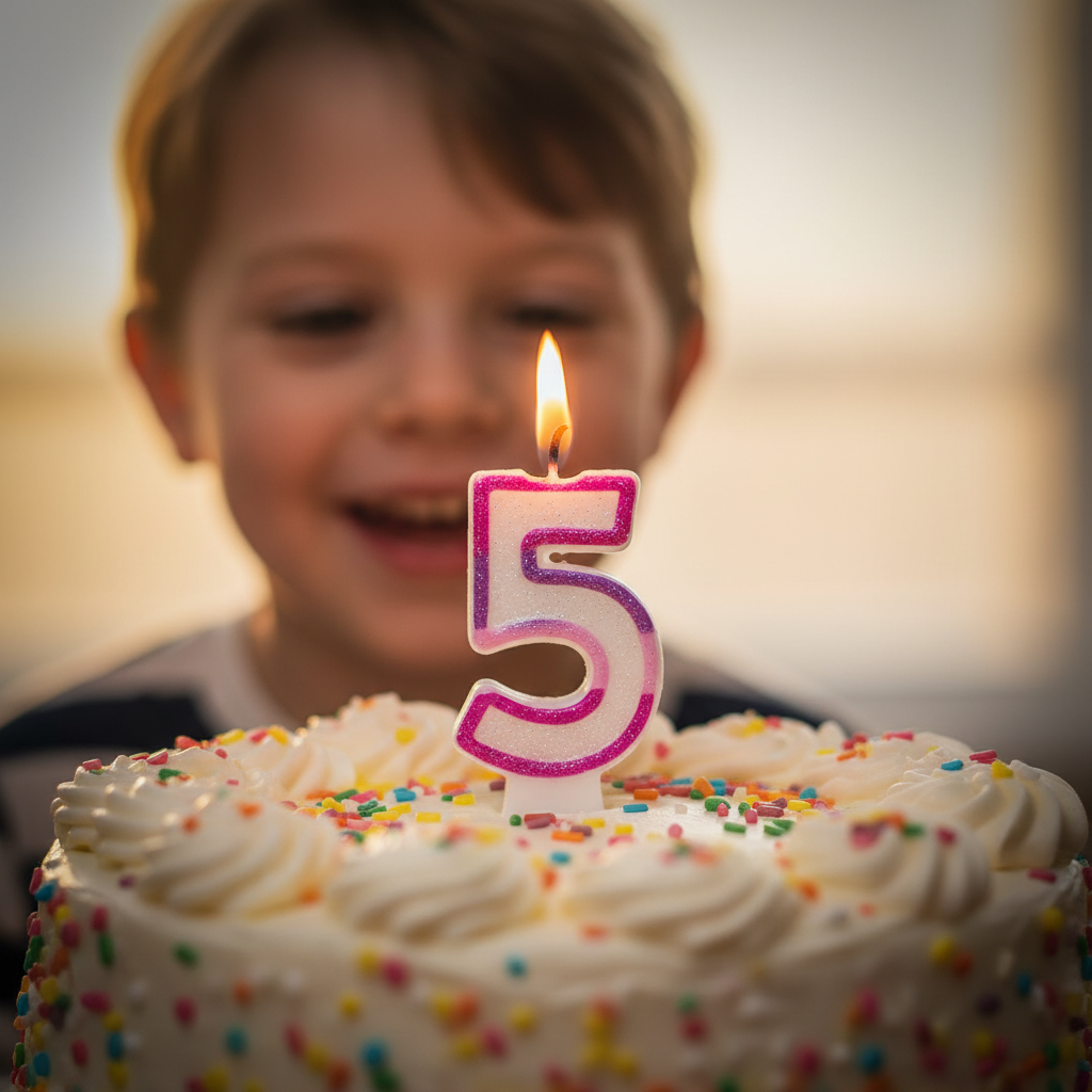 Lit pink glitter number 5 birthday candle glowing warmly on cake, child's joyful face softly blurred in background, golden hour light