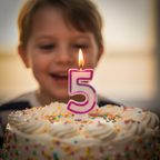 Lit pink glitter number 5 birthday candle glowing warmly on cake, child's joyful face softly blurred in background, golden hour light