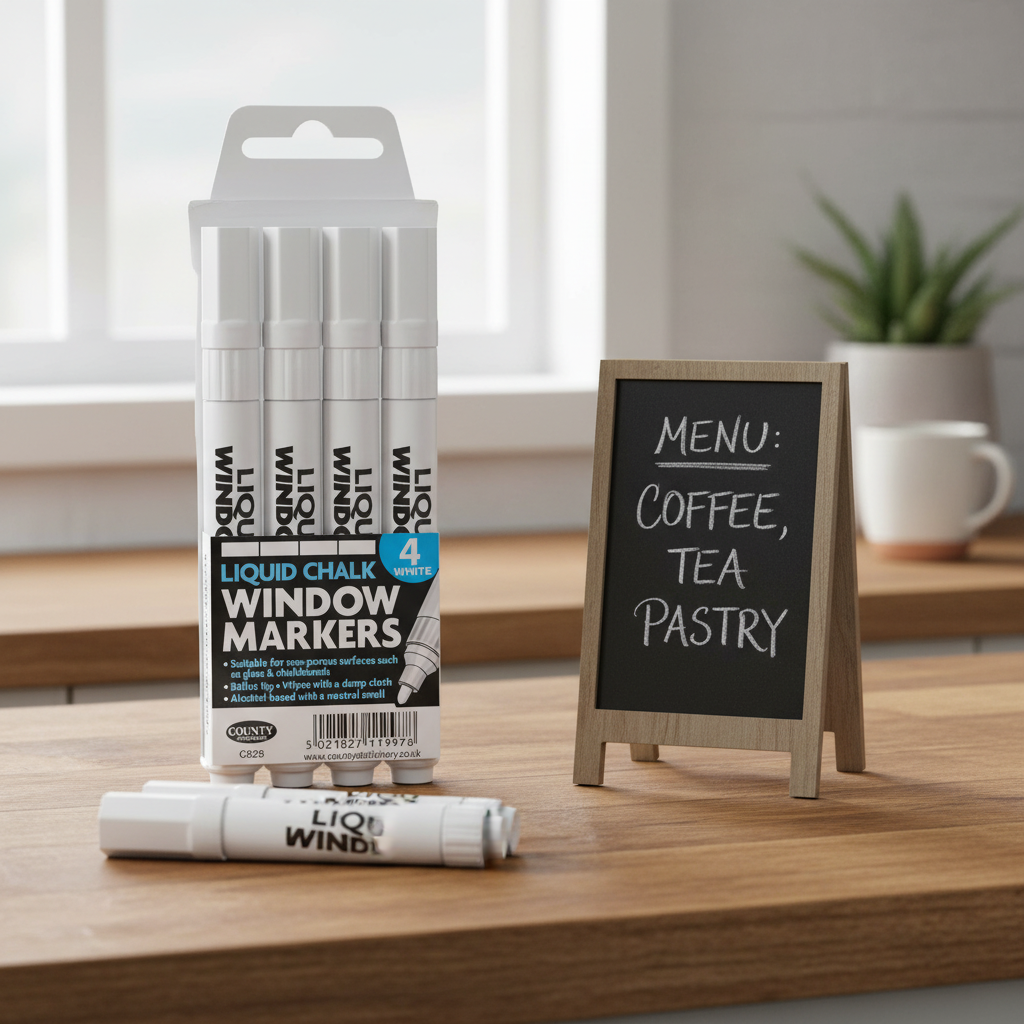 Pack of 4 liquid chalk white pens on a wooden kitchen counter beside a chalkboard sign, natural window light