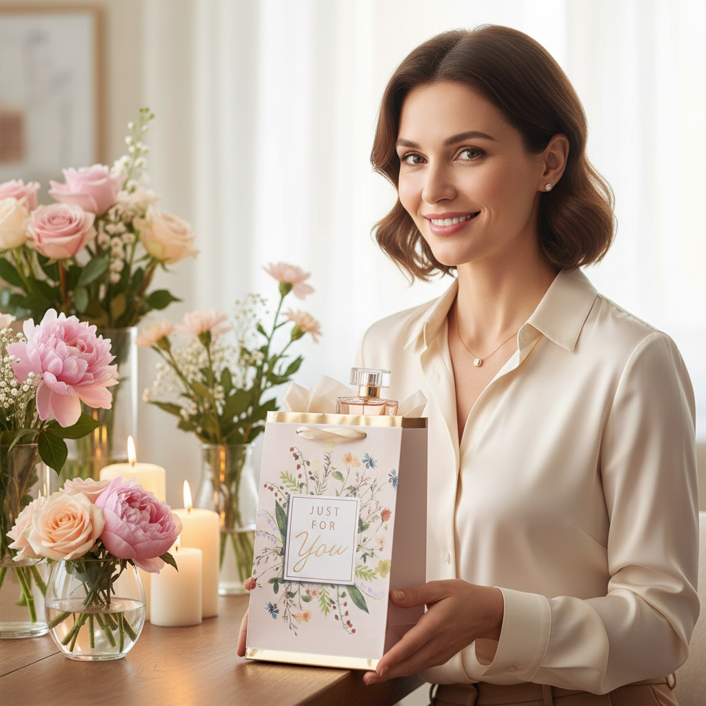 Elegant woman presenting a floral perfume gift bag at a birthday celebration