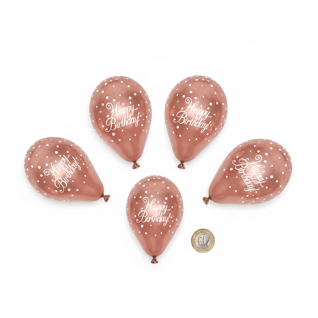 6 rose gold chrome Happy Birthday latex balloons flat lay beside £1 coin showing 11 inch size on white background