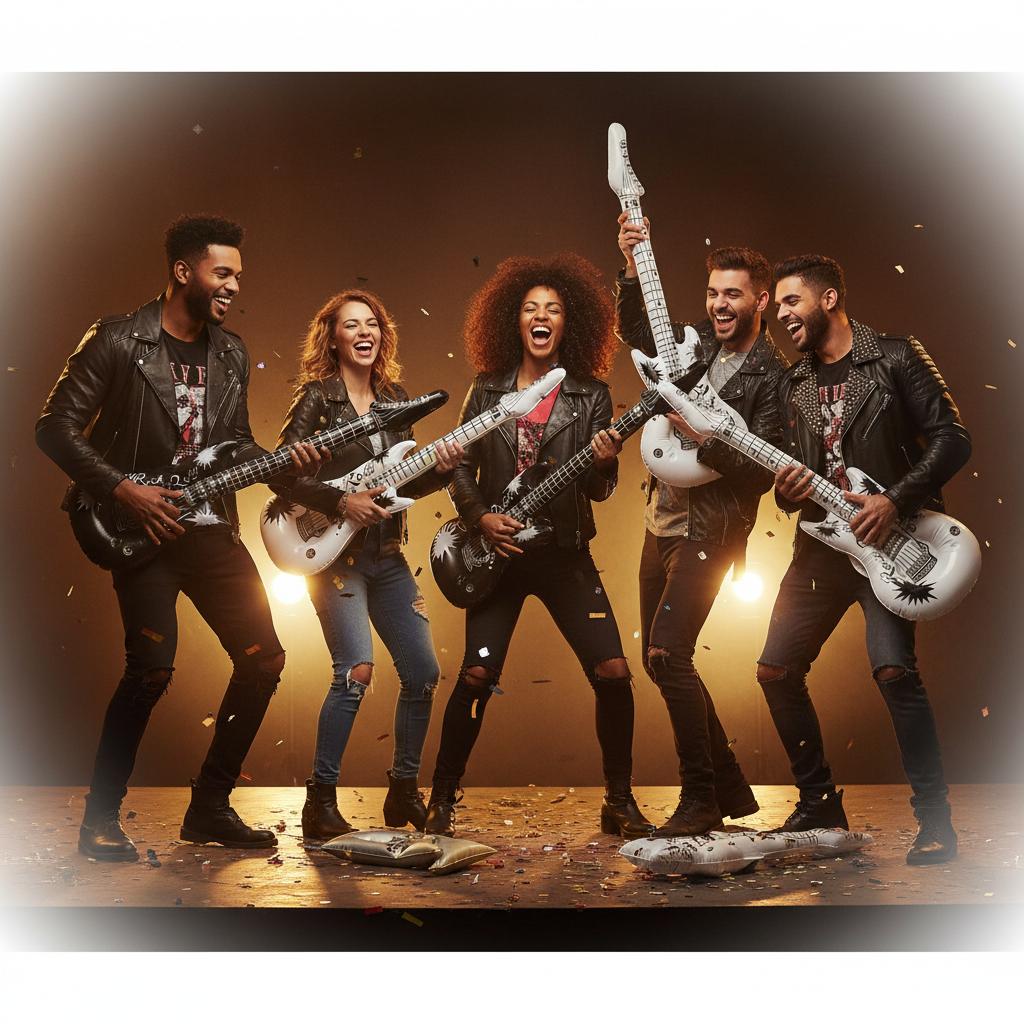 Group of friends at a rock n roll themed party holding metallic inflatable guitars under warm golden party lighting