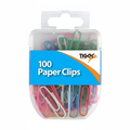Tiger Stationery 100pcs assorted colour paper clips in clear plastic box with blue and orange label, studio white background
