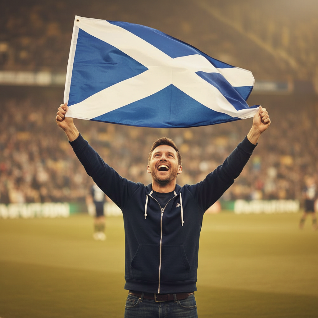 Scottish fan holding Scotland flag aloft at a sporting event, flag billowing in the breeze with stadium bokeh background